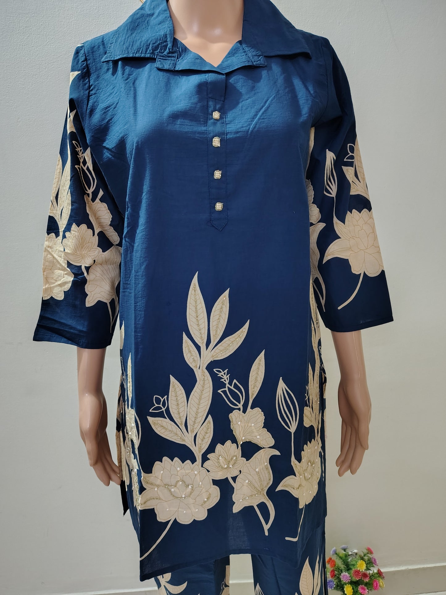 Navy Blue Floral Printed Co-Ord Kurta Set for Women