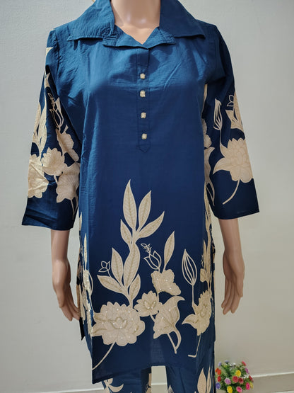 Navy Blue Floral Printed Co-Ord Kurta Set for Women