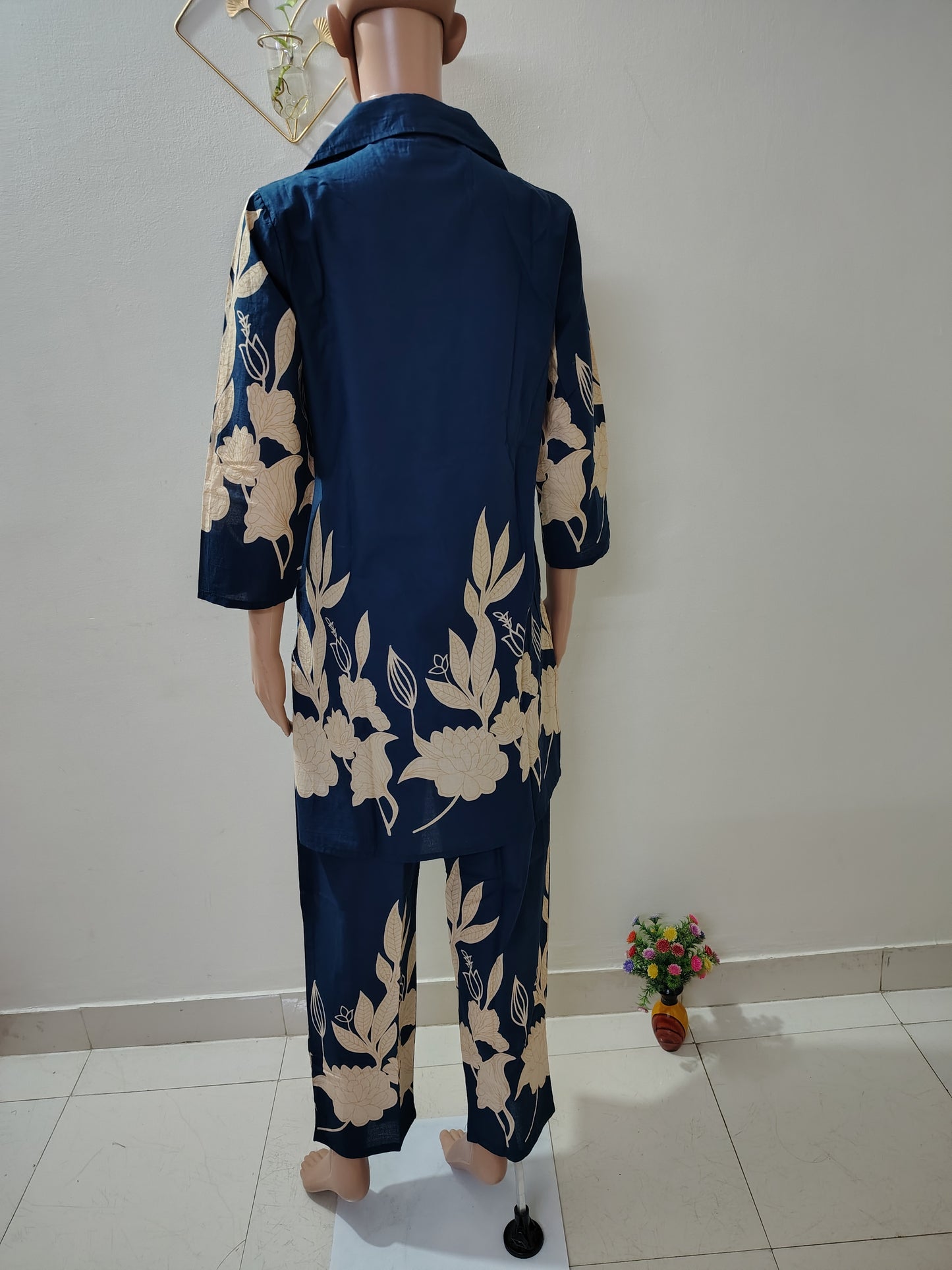 Navy Blue Floral Printed Co-Ord Kurta Set for Women