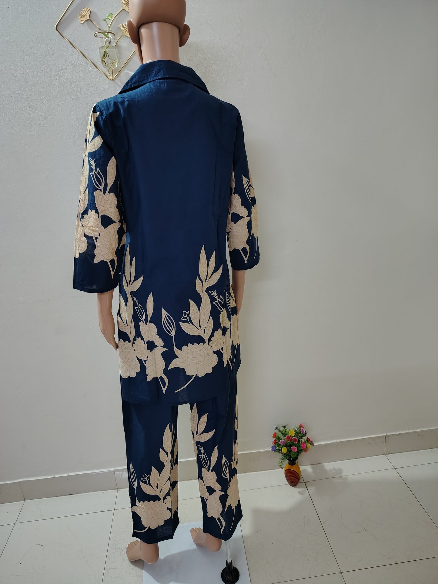 Navy Blue Floral Printed Co-Ord Kurta Set for Women