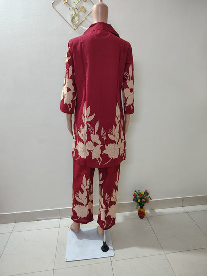 Maroon Floral Printed Co-Ord  Set for Women
