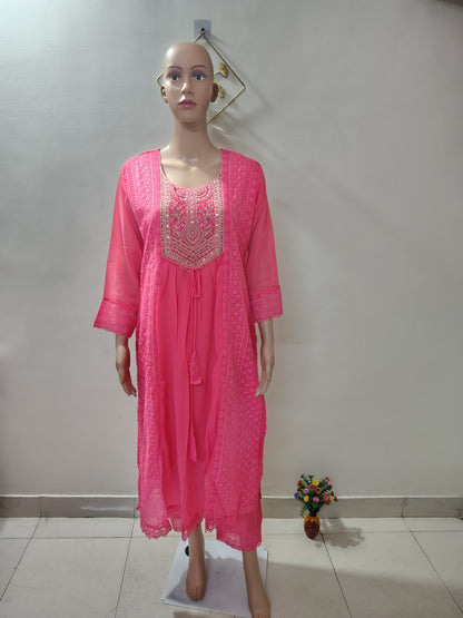 Ivory Georgette Embroidered Kurta Set with Thread Work Neck Design & Dupatta for Women