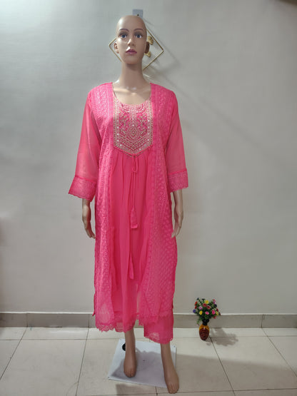 Ivory Georgette Embroidered Kurta Set with Thread Work Neck Design & Dupatta for Women