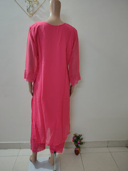 Ivory Georgette Embroidered Kurta Set with Thread Work Neck Design & Dupatta for Women