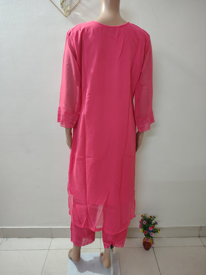 Ivory Georgette Embroidered Kurta Set with Thread Work Neck Design & Dupatta for Women