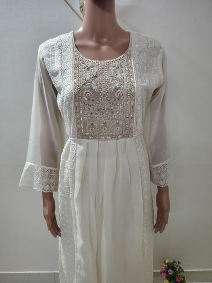 Ivory Georgette Embroidered Kurta Set with Thread Work Neck Design & Dupatta for Women