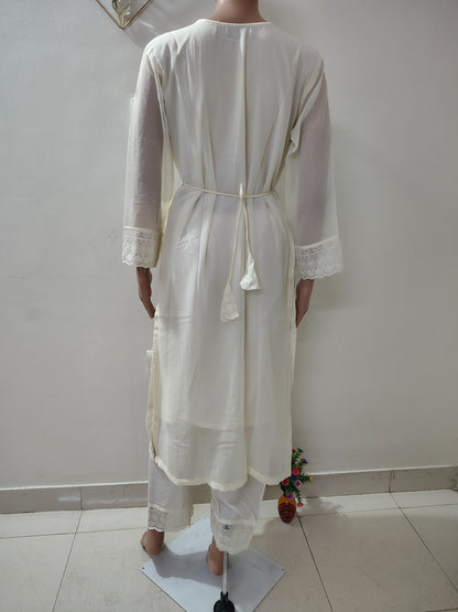 Ivory Georgette Embroidered Kurta Set with Thread Work Neck Design & Dupatta for Women