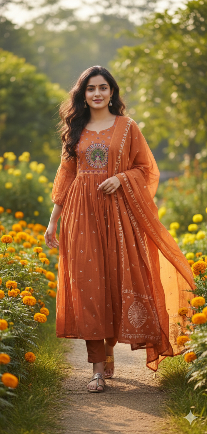 Mul cotton embroidered  Anarkali suit