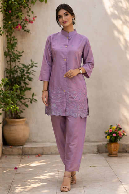 Purple Silk Blend Embroidered Co-Ord Set for Women – Smart Casual Ethnic Wear