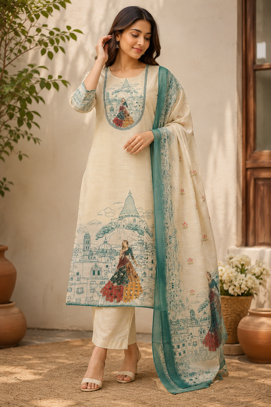 Simmer Linen Suit with Handcrafted Katdana Work