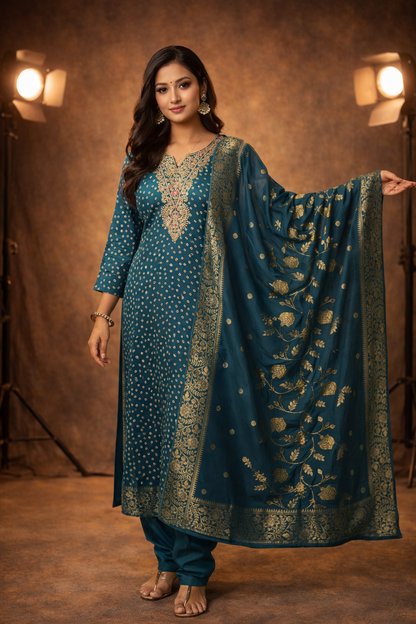 Gaji Silk Bandhani Print Kurti pant Dupatta Pair