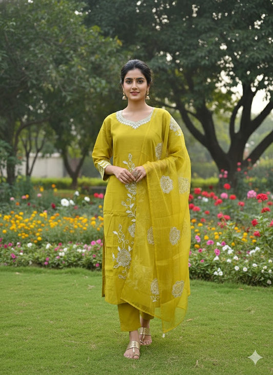 Mustard Yellow Roman Silk Suit Set with Sequin & Thread Embroidery Neck and Elegant Dupatta