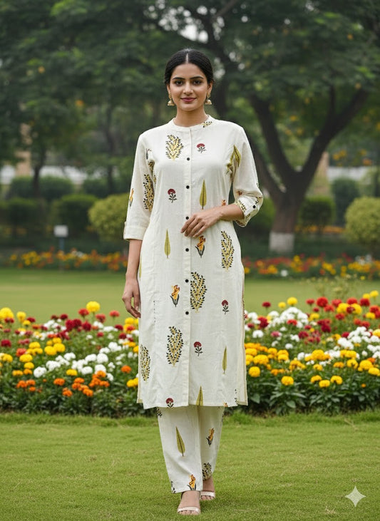Off-White Printed Khadi Cotton Long Co-Ord Set for Women