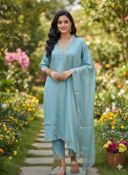 Sky Blue Elegant Suit Set with Dupatta for Women