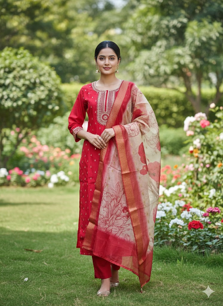 Red Roman Silk Embroidered Kurta Set for Women with Designer Floral Dupatta
