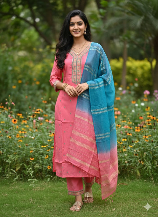 Pink Roman Silk Embroidered Kurta Set with Contrast Blue Dupatta – Ethnic Festive Collection