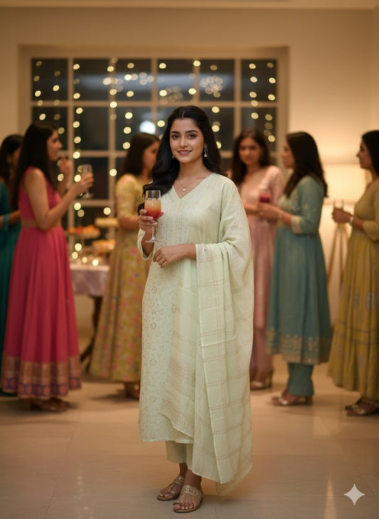 Pastel Green Roman Silk Embroidered Kurta Set for Women – Ethnic Summer Collection