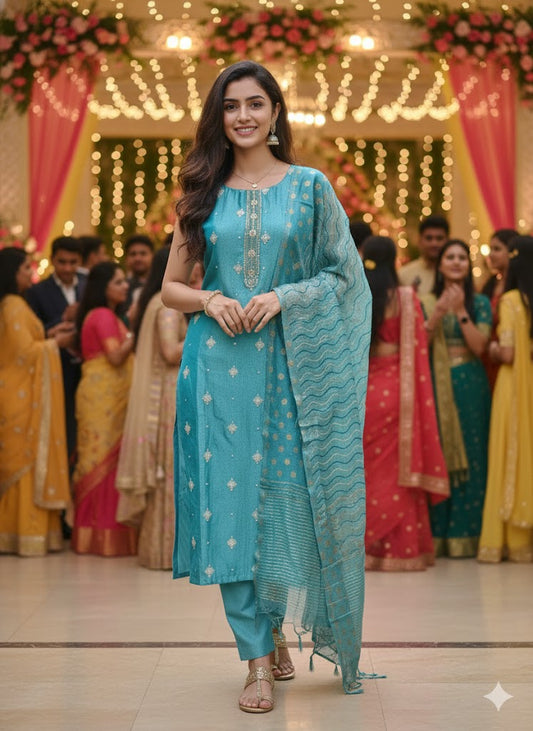 Aqua Roman Silk Embroidered Kurta Set for Women with Dupatta – Ethnic Festive Collection