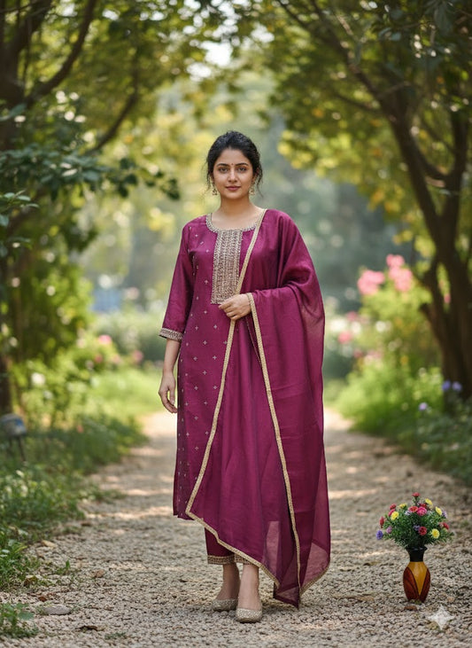 Wine Purple Roman Silk Embroidered Kurta Set for Women with Dupatta – Festive & Party Wear
