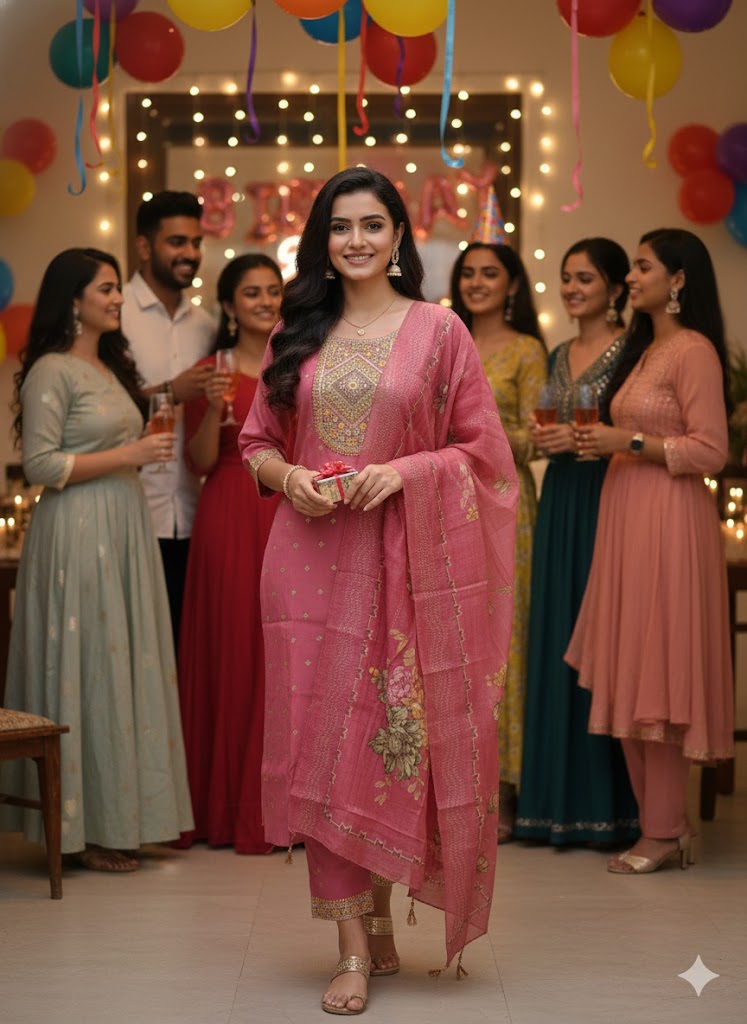 Rose Pink Roman Silk Kurta Set with Floral Dupatta – Festive & Wedding Wear for Women