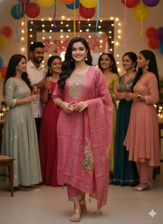 Rose Pink Roman Silk Kurta Set with Floral Dupatta – Festive & Wedding Wear for Women