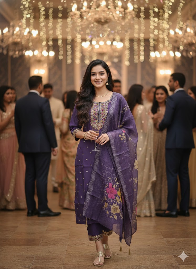 Royal Purple Roman Silk Kurta Set with Embroidered Dupatta – Festive & Wedding Wear for Women