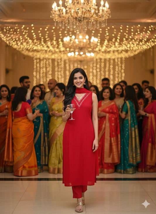 Elegant Red Roman Silk Ethnic Kurta Set for Women – Party Wear & Festive Collection