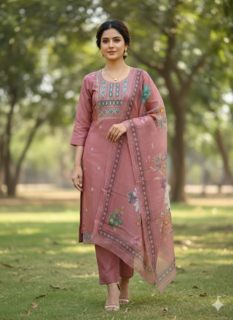 Dusty Pink Embroidered Simar Suit  Set with Floral Organza Dupatta for Women
