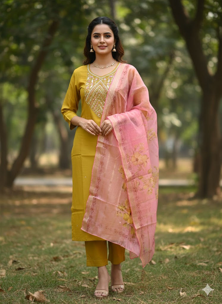 Mustard Simar Roman Silk Suit Set with Sequins & Katdana Embroidery Festive & Wedding Wear for Women
