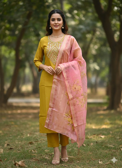 Mustard Simar Roman Silk Suit Set with Sequins & Katdana Embroidery Festive & Wedding Wear for Women