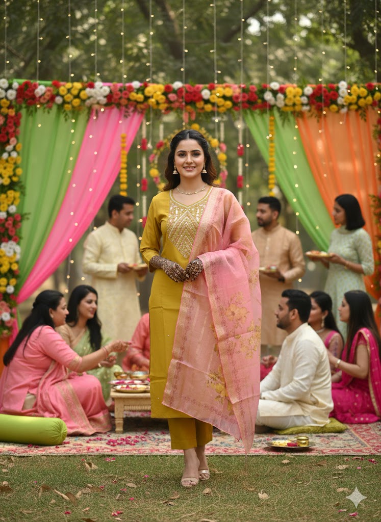 Mustard Simar Roman Silk Suit Set with Sequins & Katdana Embroidery Festive & Wedding Wear for Women