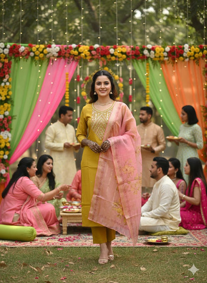 Mustard Simar Roman Silk Suit Set with Sequins & Katdana Embroidery Festive & Wedding Wear for Women