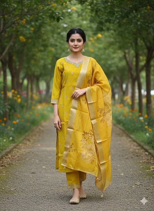 Yellow Roman Silk Embroidered Kurta Set for Women – Wedding & Festive Collection