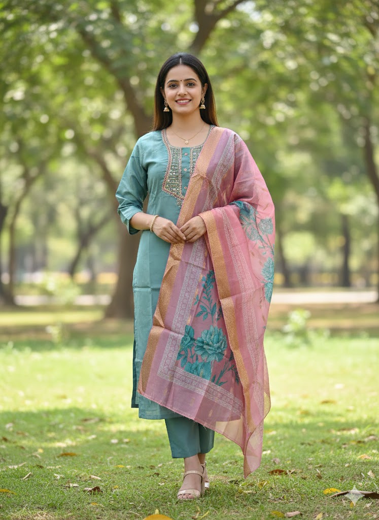 Teal Simar Roman Silk Suit Set with Sequins & Katdana Embroidery Festive & Wedding Wear for Women