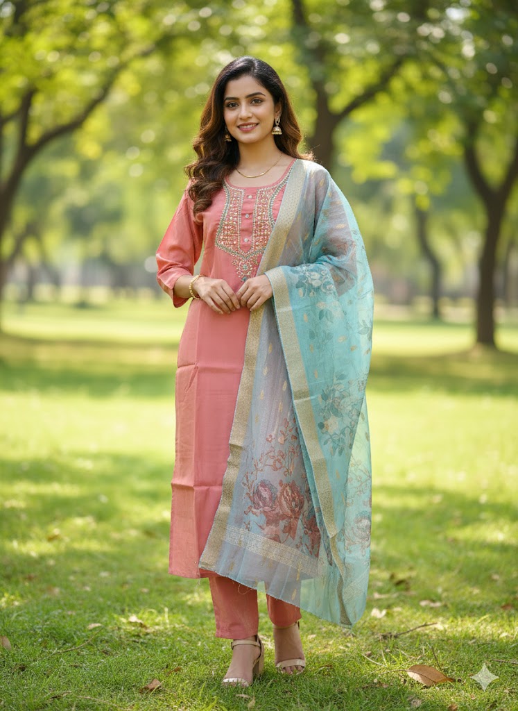 Peach Simar Roman Silk Suit Set with Sequins & Katdana Embroidery for Women