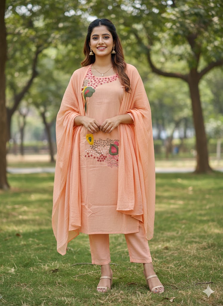 Peach Embroidered Kurta Set with Dupatta