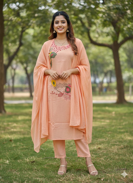Peach Embroidered Kurta Set with Dupatta