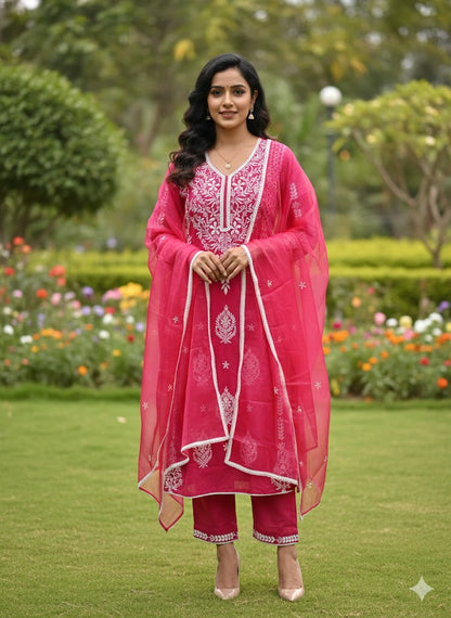 Rani Pink Embroidered A-Line Suit with Dupatta for Women