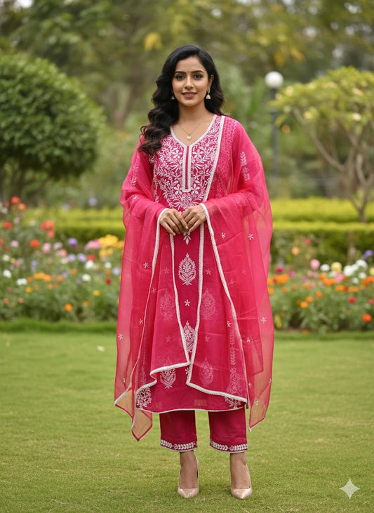 Rani Pink Embroidered A-Line Suit with Dupatta for Women