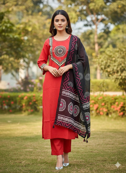 Red Straight Kurta Set paired with a Black Printed Dupatta