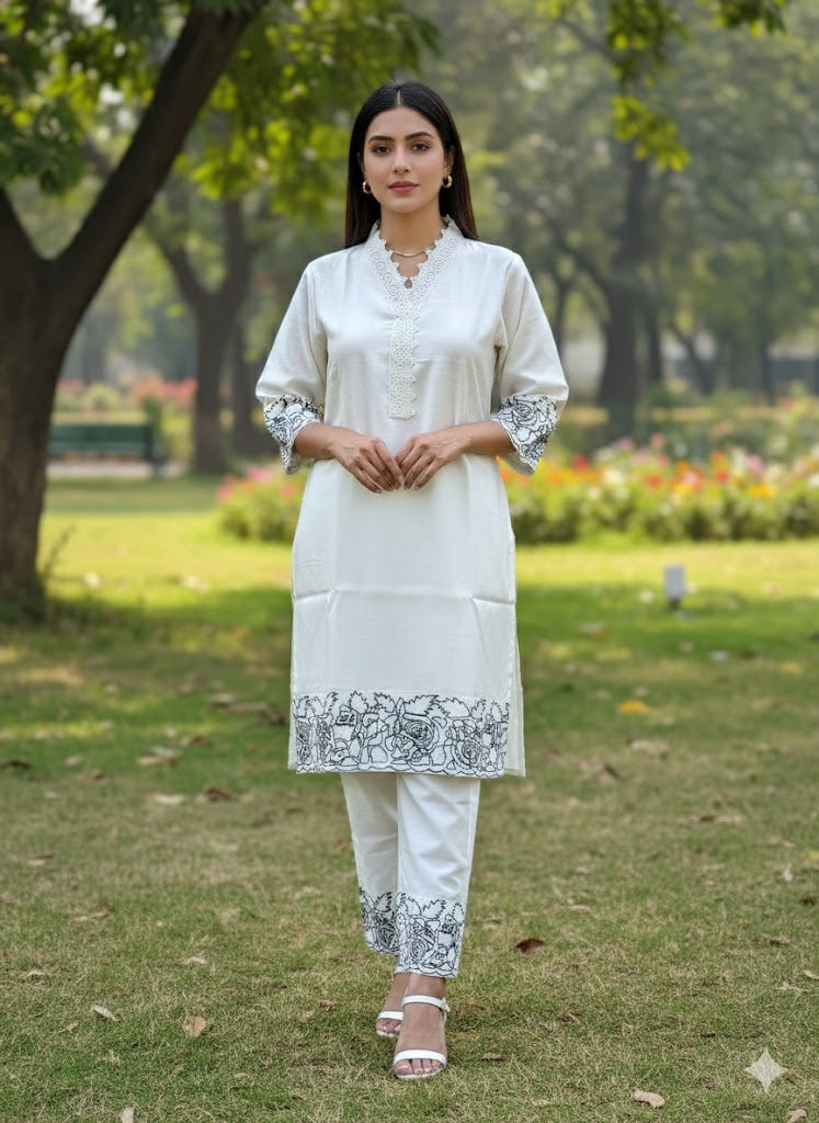 Cream Silk Blend Embroidered Co-Ord Set – Premium Minimal Ethnic Wear