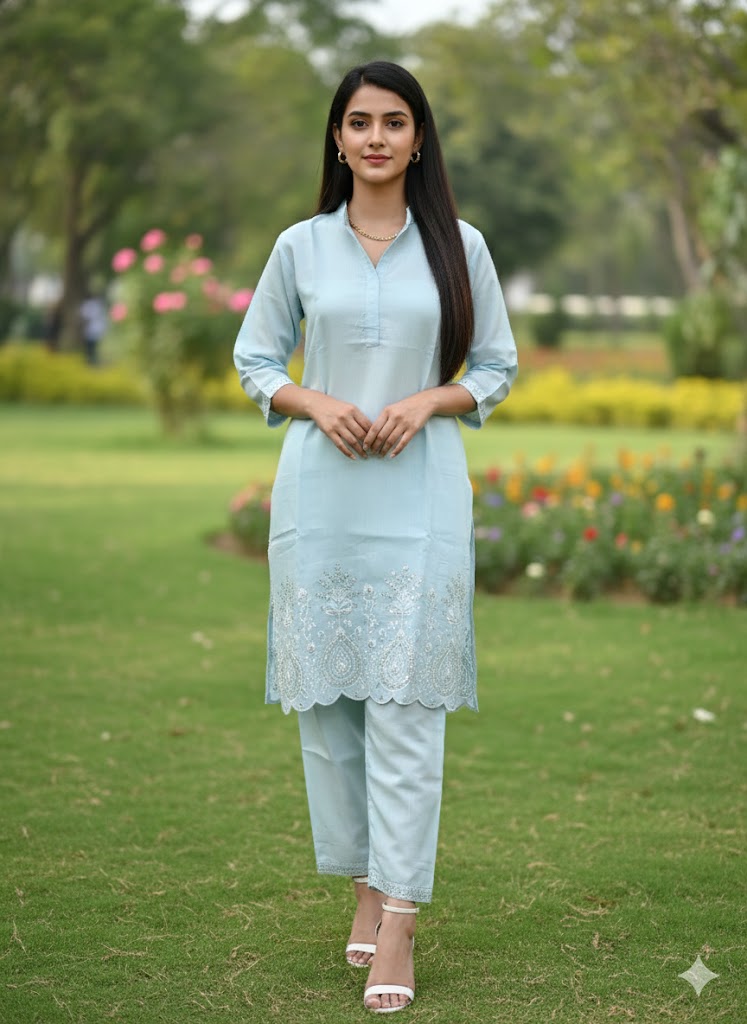Blue Silk Blend Embroidered Co-Ord Set – Premium Minimal Ethnic Wear