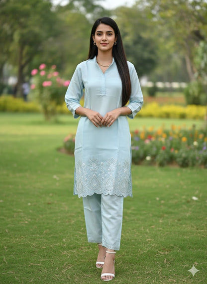 Blue Silk Blend Embroidered Co-Ord Set – Premium Minimal Ethnic Wear