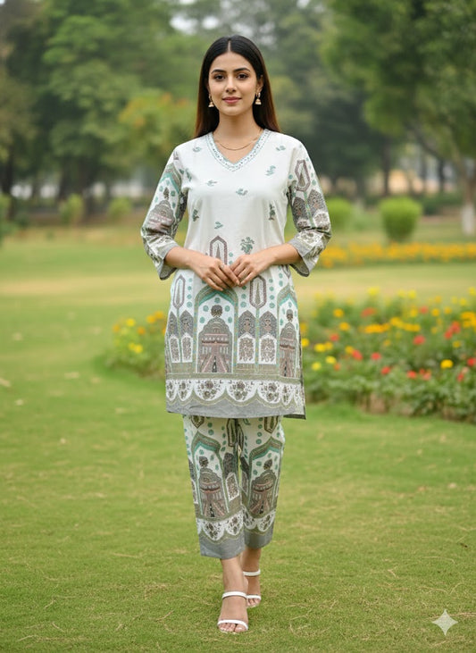 White Printed Co-Ord Kurta