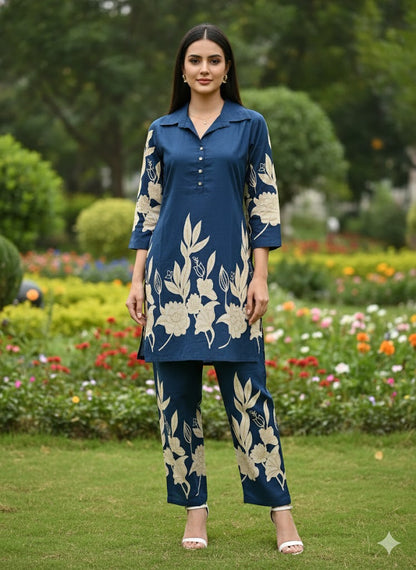 Navy Blue Floral Printed Co-Ord Kurta Set for Women
