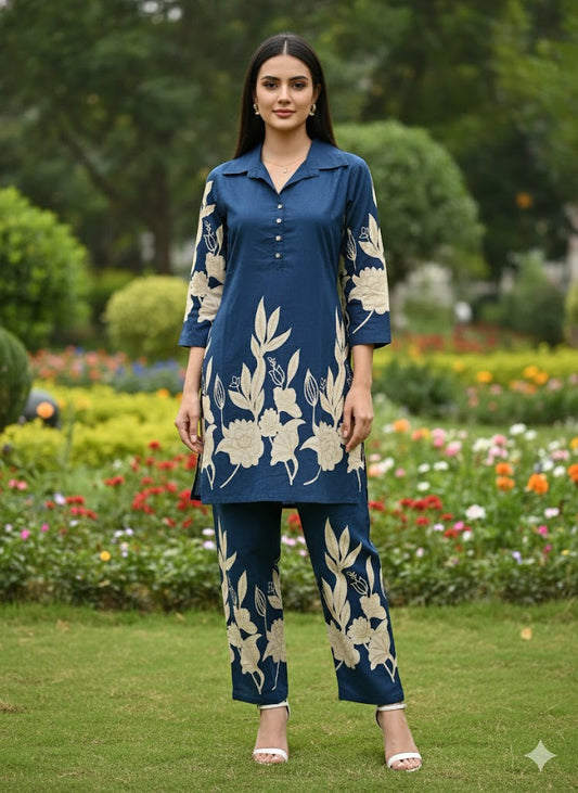 Navy Blue Floral Printed Co-Ord Kurta Set for Women