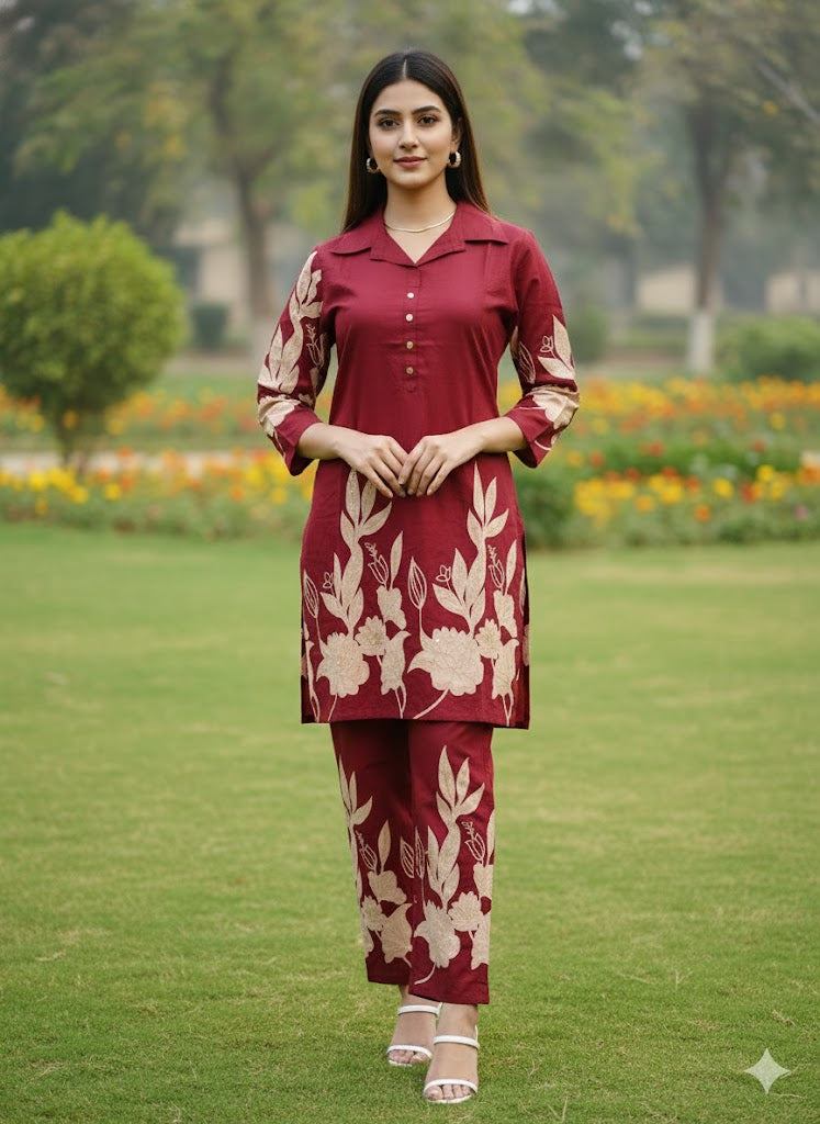 Maroon Floral Printed Co-Ord  Set for Women