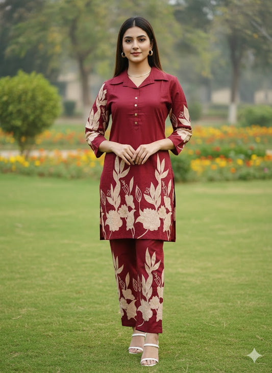 Maroon Floral Printed Co-Ord  Set for Women