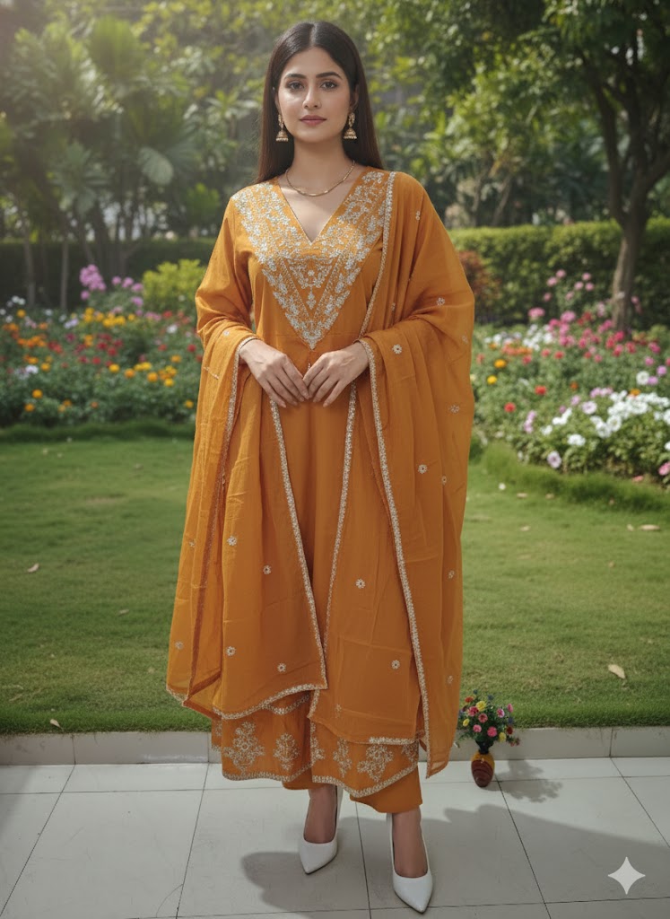 Rust Orange Embroidered Anarkali Kurta Set