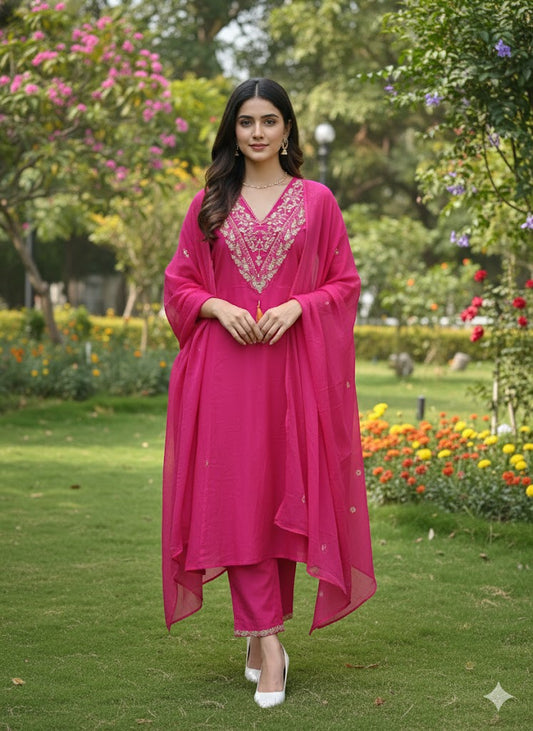 Rani Pink Embroidered Anarkali Kurta Set